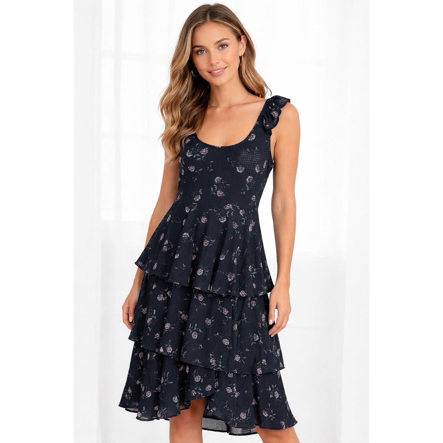 Rachel Roy Navy Floral Tiered Ruffle Midi Dress Romantic Cottagecore Xxl Nwt